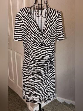 Evan Picone Black & White Zebra-Stripe Faux Wrap Midi Dress